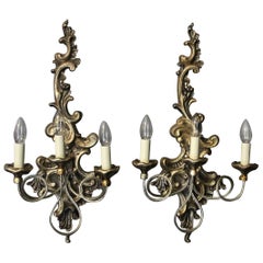 Florentine Pair of Silver Giltwood Triple Arms Wall Lights
