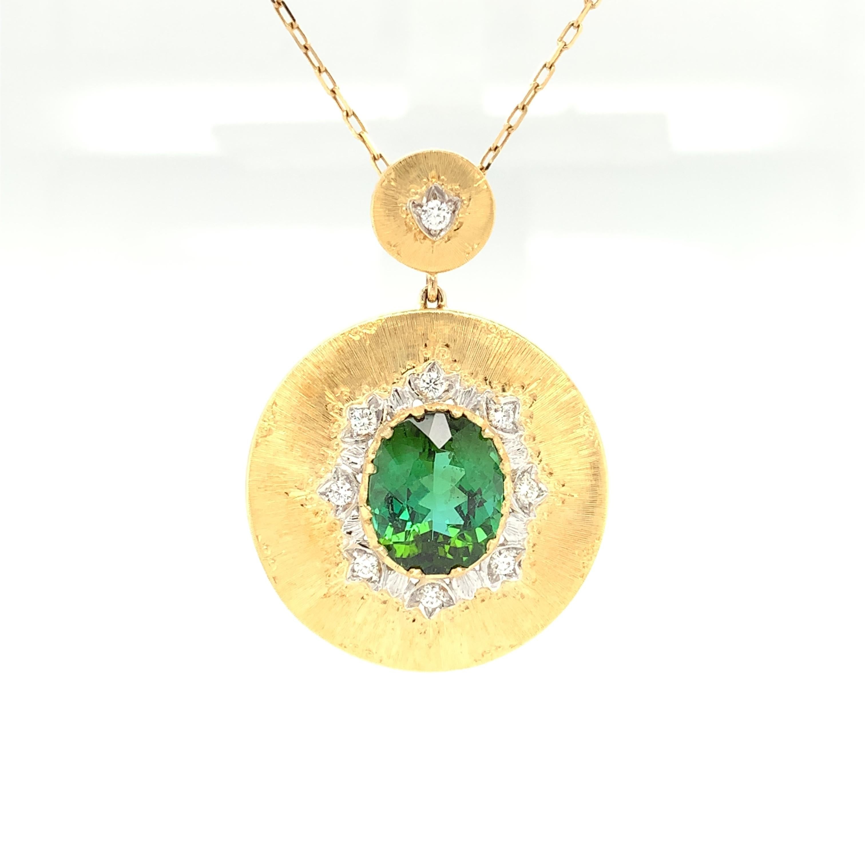 Artisan Florentine Inspired, Green Tourmaline, Diamond Two-toned Gold Drop Necklace