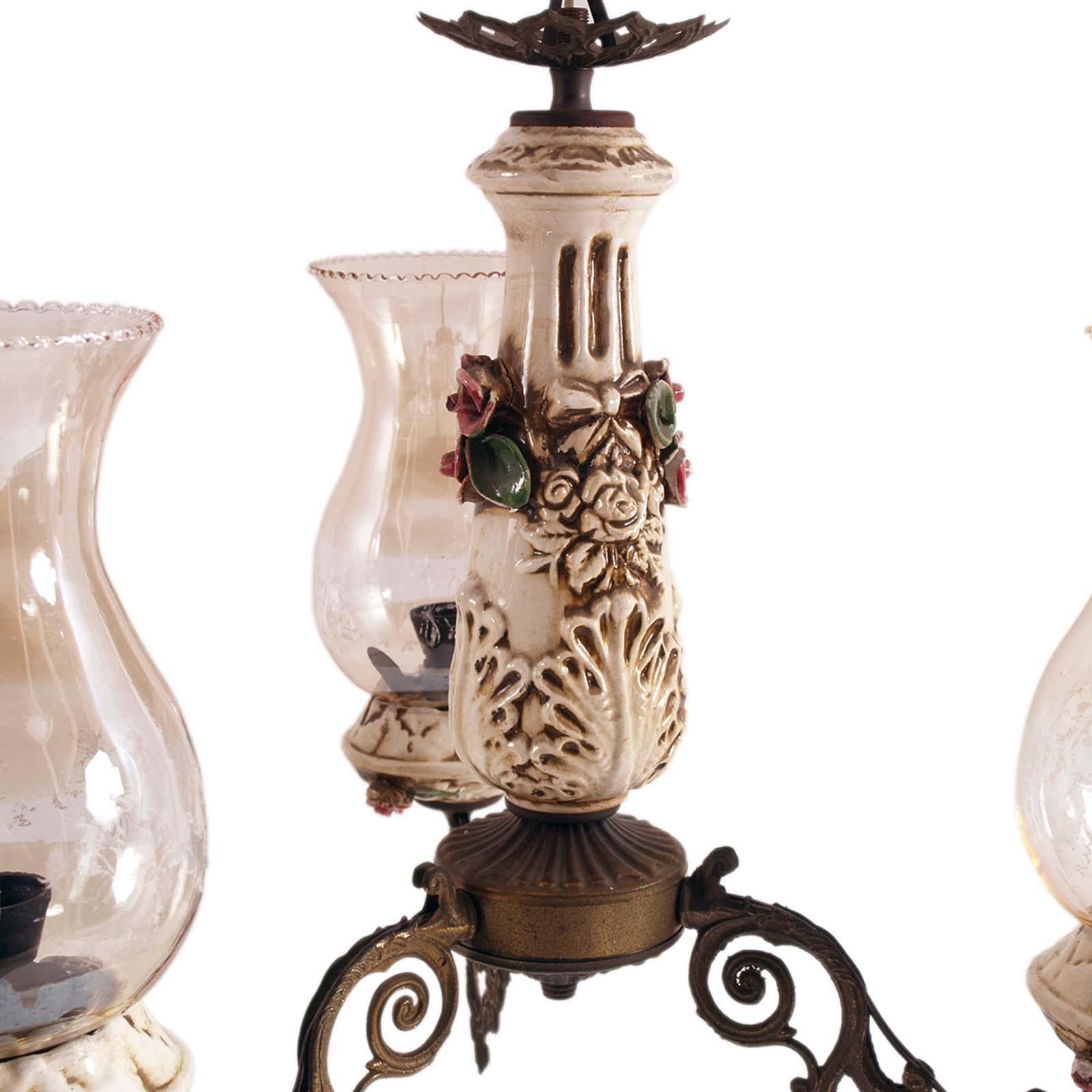 Art Nouveau Florentine Richard Ginori Pendant Chandelier, Bronze, Porcelain , Murano Glass For Sale