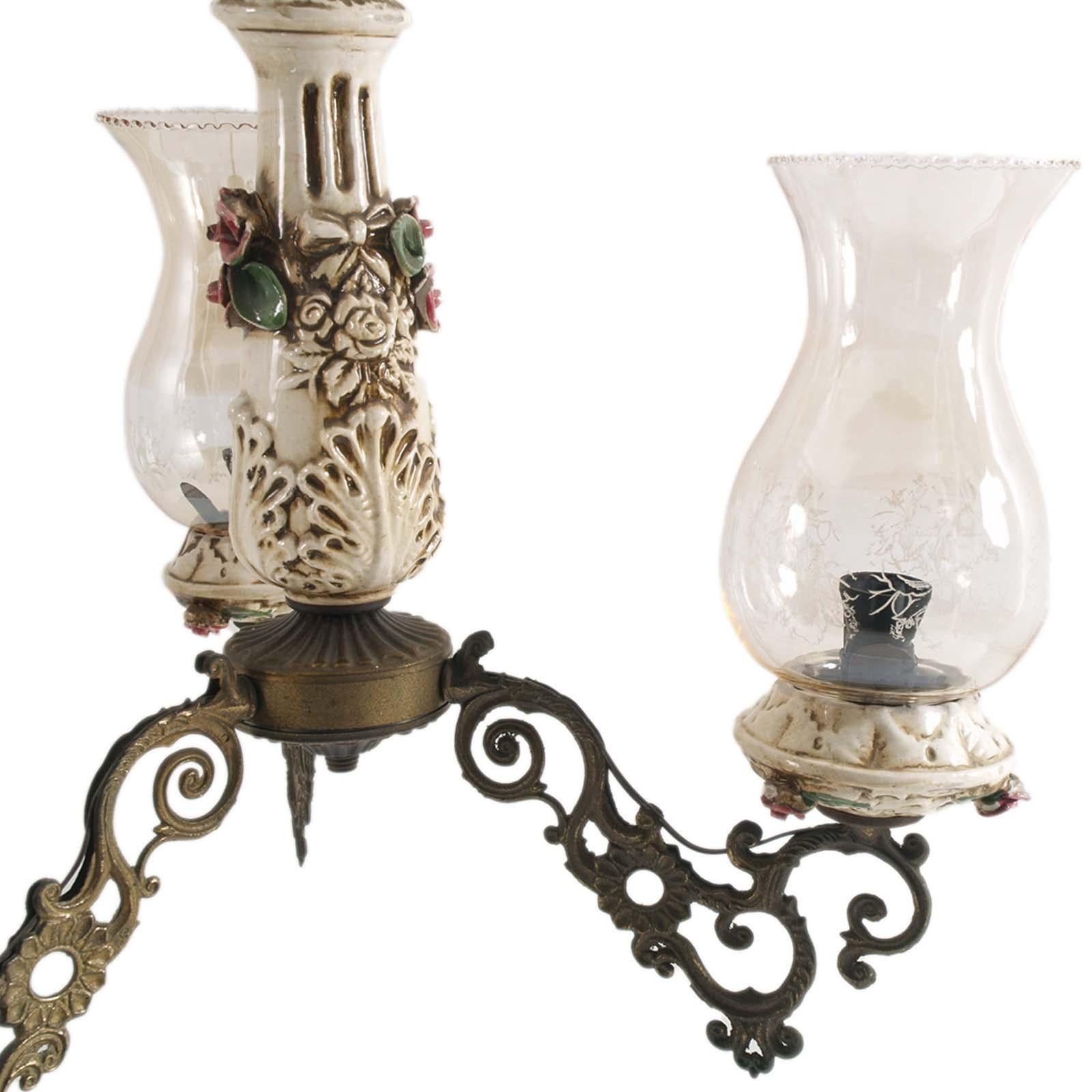 Italian Florentine Richard Ginori Pendant Chandelier, Bronze, Porcelain , Murano Glass For Sale