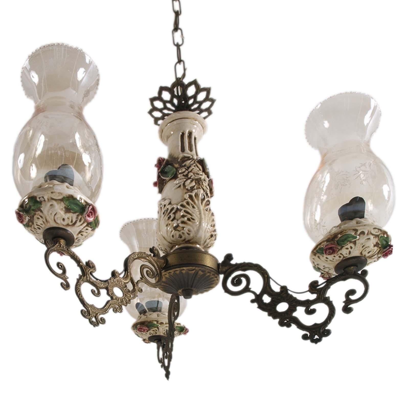 20th Century Florentine Richard Ginori Pendant Chandelier, Bronze, Porcelain , Murano Glass For Sale