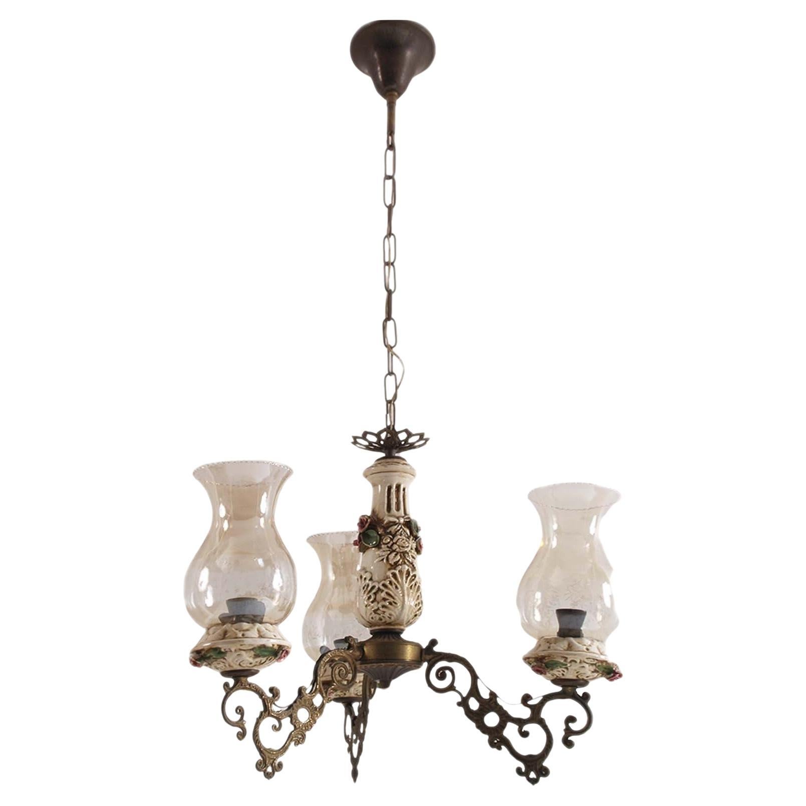 Florentine Richard Ginori Pendant Chandelier, Bronze, Porcelain , Murano Glass