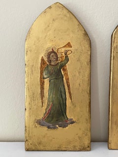 19th CENTURY PAIR FLORENTINE ARCH TOPPED ANGELIC TEMPERA PAINTINGS GILT GROUND