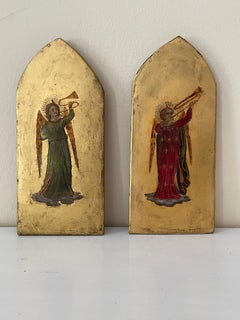 19th CENTURY PAIR FLORENTINE ARCH TOPPED ANGELIC TEMPERA PAINTINGS GILT GROUND