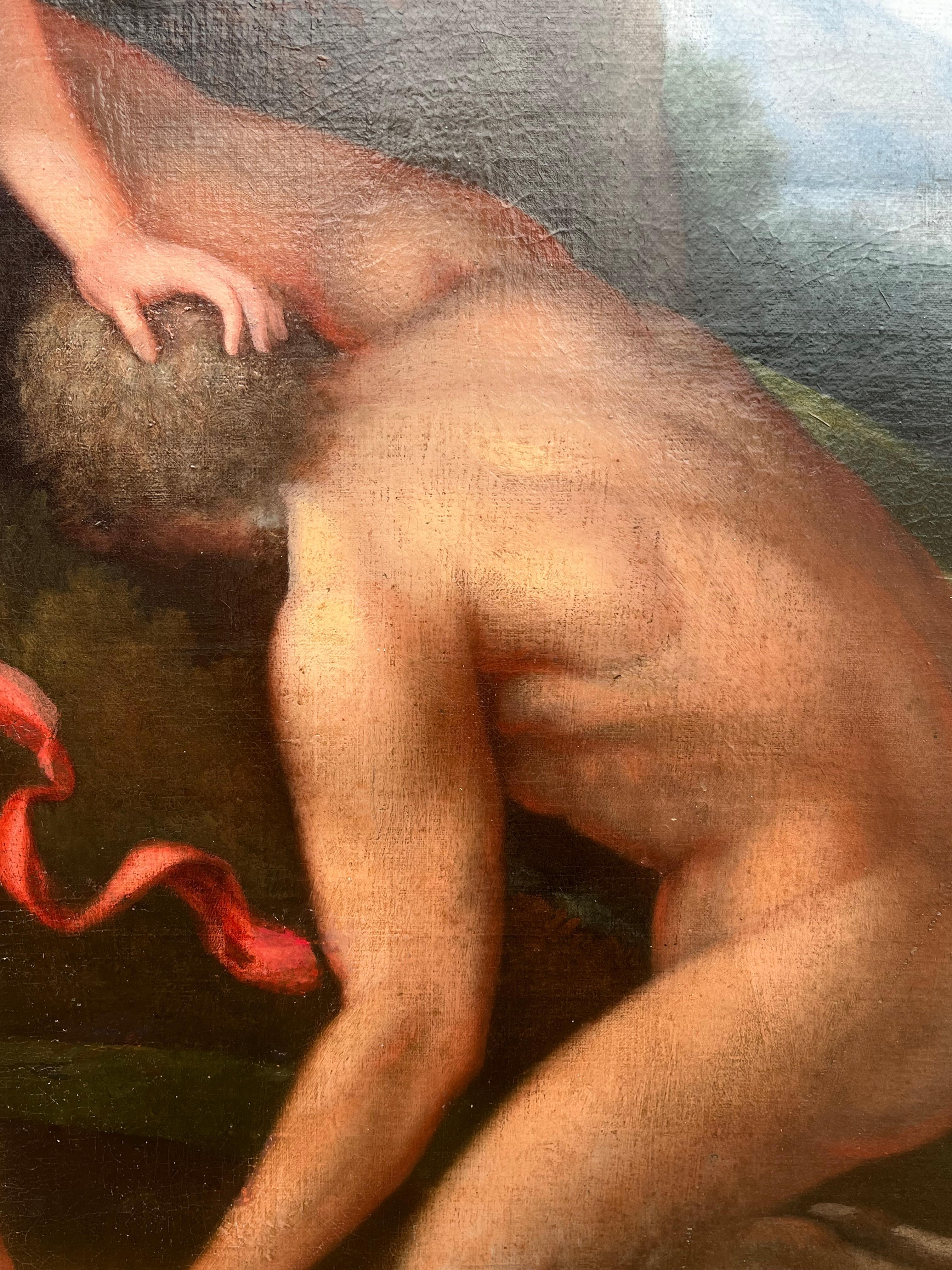 Huge 1700's Florentine Old Master Ölgemälde Eros Triumph über Pan Männliche Akte im Angebot 5