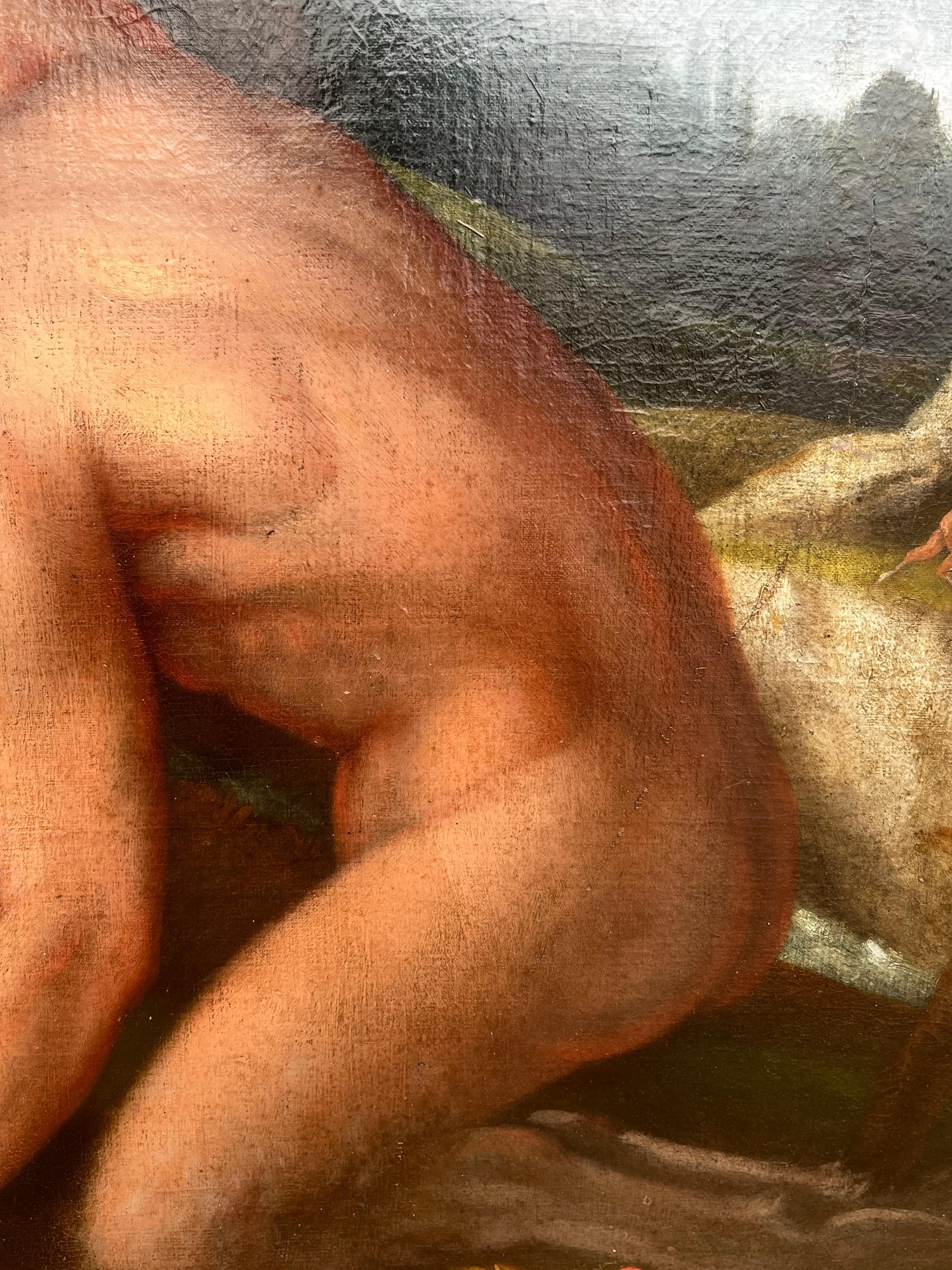 Huge 1700's Florentine Old Master Ölgemälde Eros Triumph über Pan Männliche Akte im Angebot 6