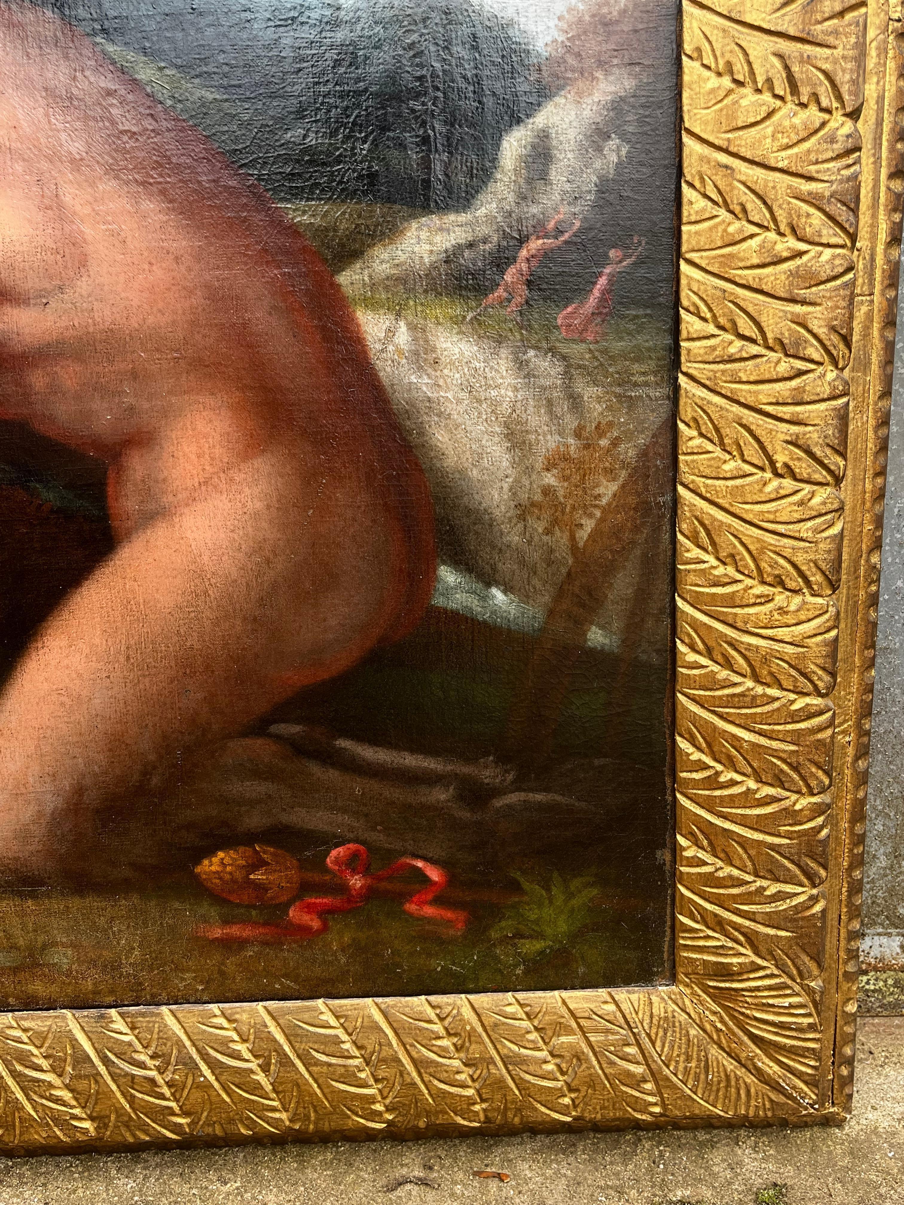 Huge 1700's Florentine Old Master Ölgemälde Eros Triumph über Pan Männliche Akte im Angebot 7
