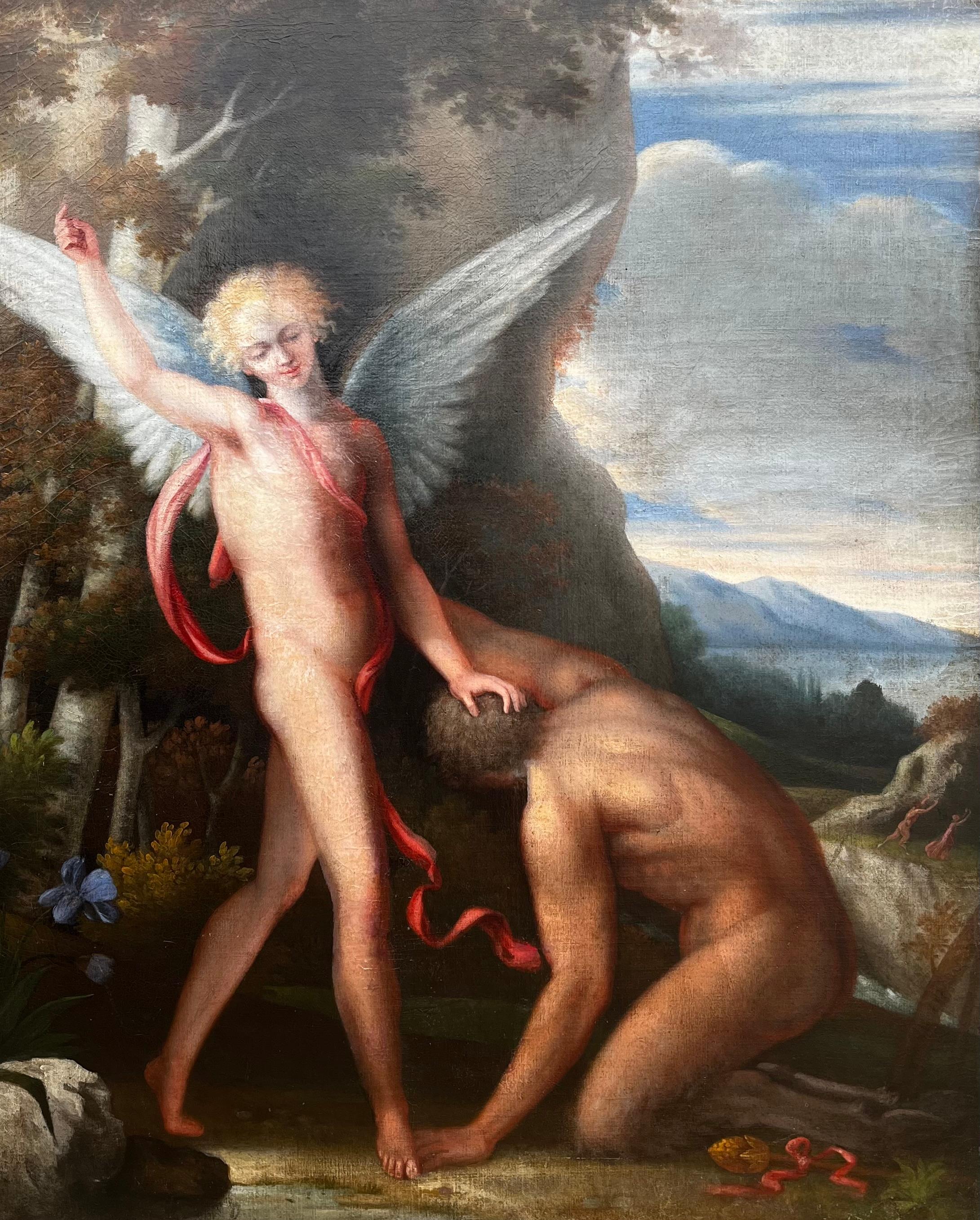 Huge 1700's Florentine Old Master Ölgemälde Eros Triumph über Pan Männliche Akte – Painting von Florentine School
