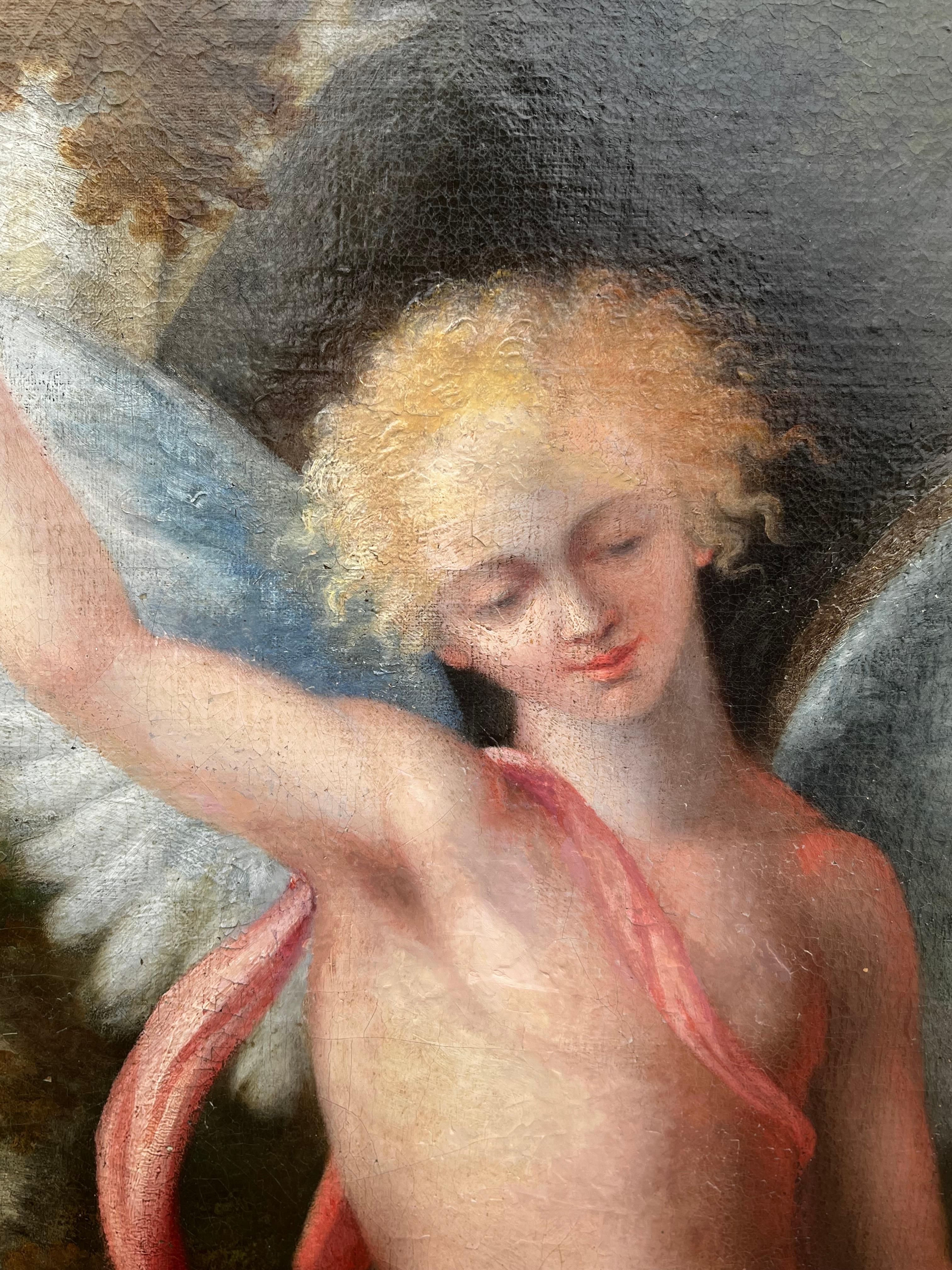 Huge 1700's Florentine Old Master Ölgemälde Eros Triumph über Pan Männliche Akte (Schwarz), Nude Painting, von Florentine School