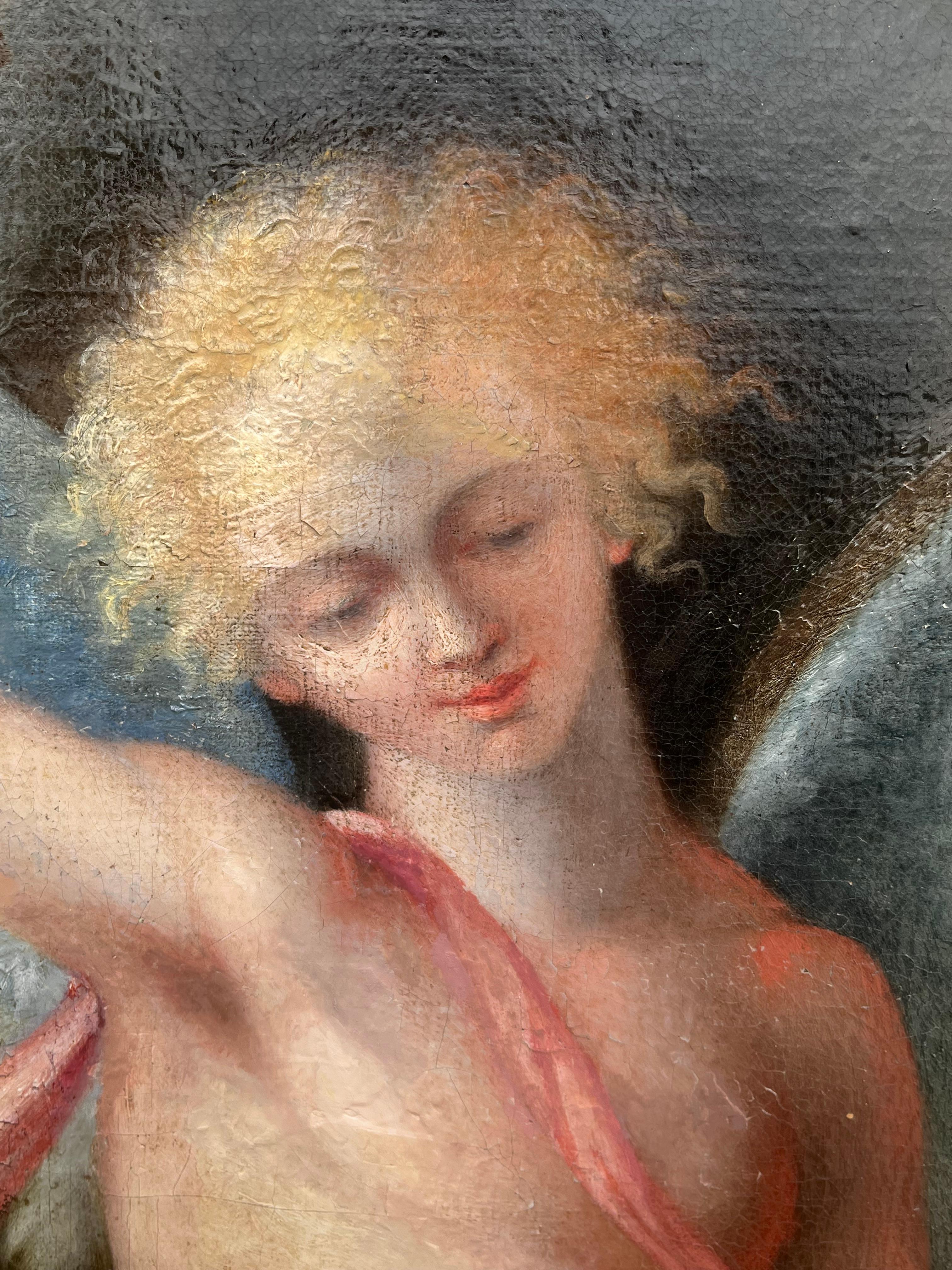 Der Triumph des Eros über Pan
Florentiner Schule, frühe 1700er Jahre
Öl auf Leinwand, gerahmt
Gerahmt: 58 x 48,5 Zoll
Leinwand: 50 x 40 Zoll
Provenienz: Privatsammlung, Paris, Frankreich
Zustand: sehr guter Zustand - kleiner Kratzer auf den