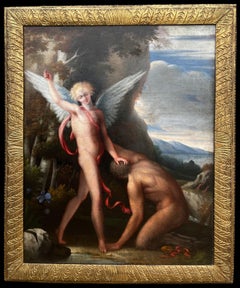 Huge 1700's Florentine Old Master Oil Painting Eros Triumph over Pan Male Nudes