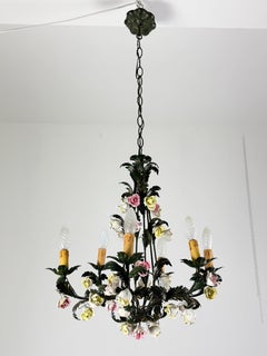 Florentine Six-Light Chandelier in Wrought Iron and Porcelain, 1970s