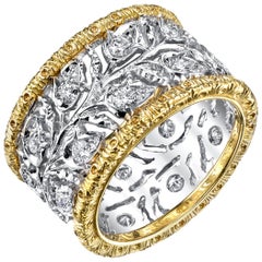 Italian Florentine Eternity Band with Diamonds in White and Yellow Gold 