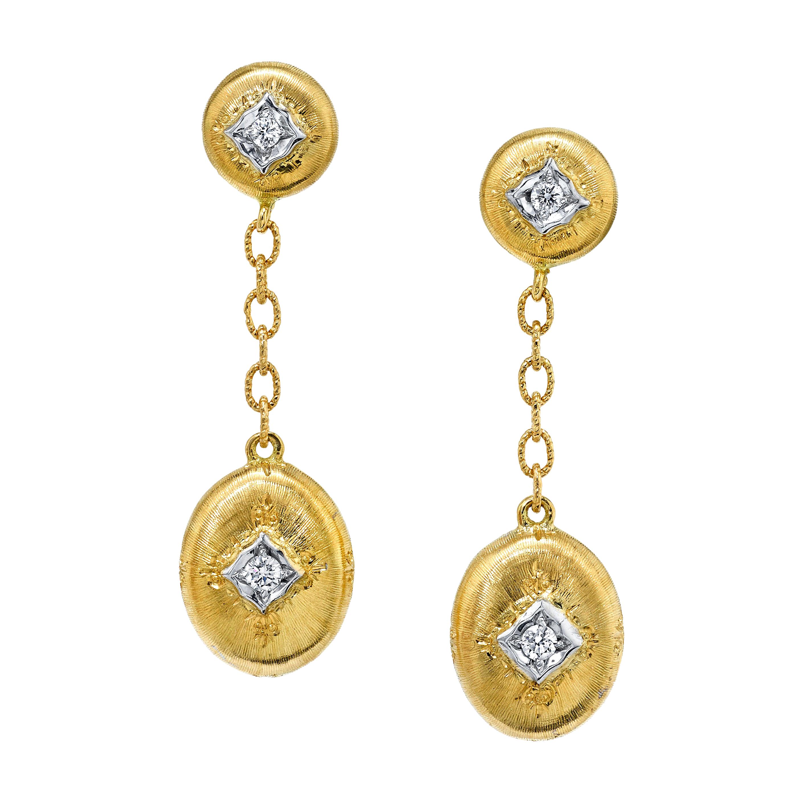 Diamond, Yellow and White Gold Florentine Style Dangle Drop Earrings