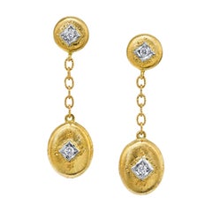 Diamond, Yellow and White Gold Florentine Style Dangle Drop Earrings