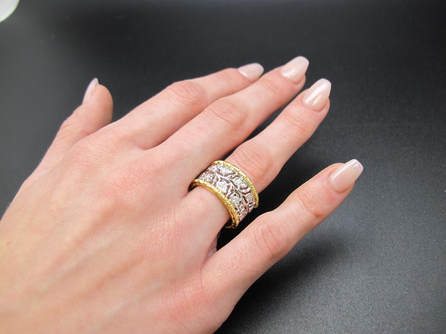 Artisan Italian Florentine Eternity Band with Diamonds in White and Yellow Gold  For Sale