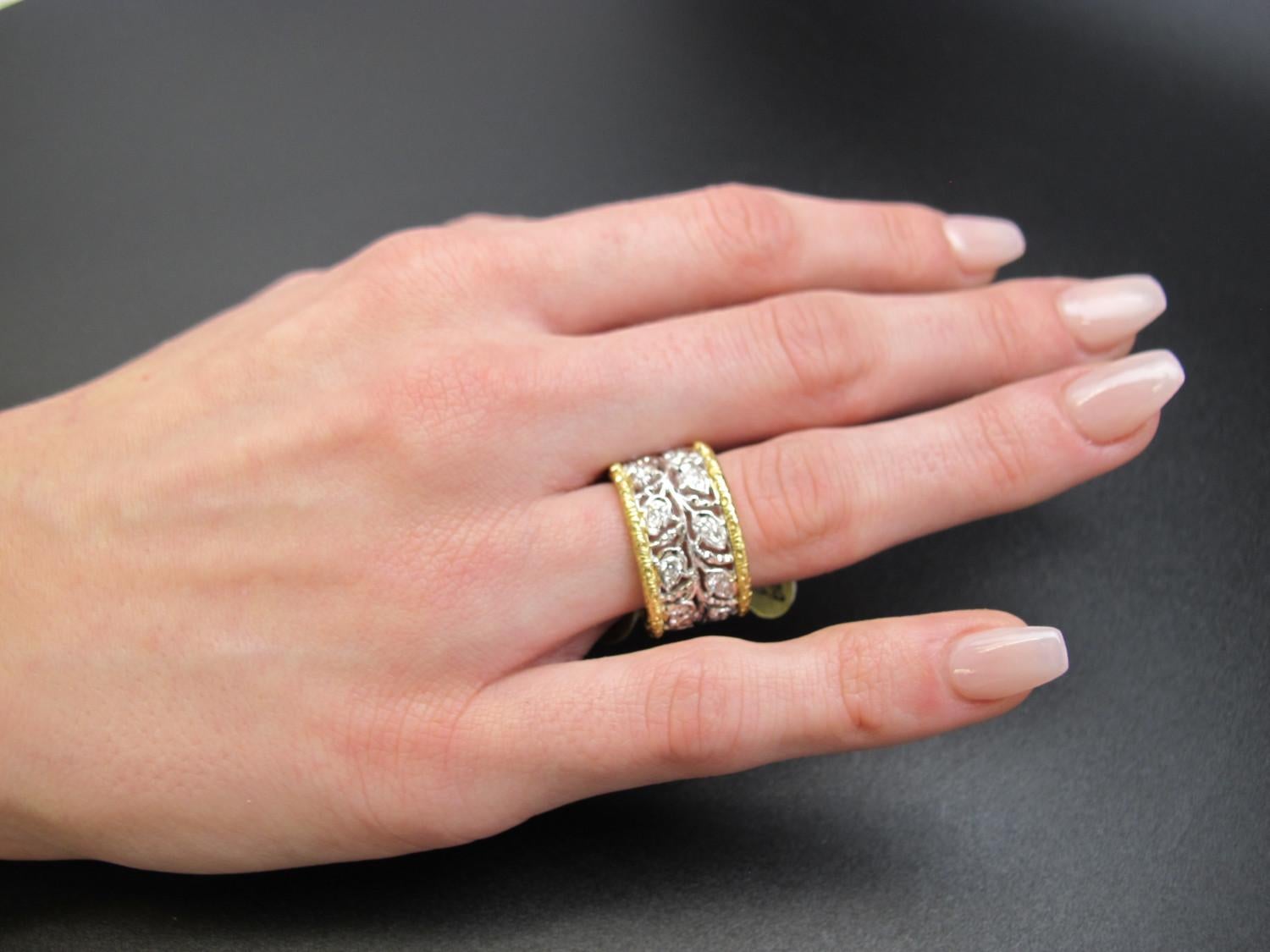 Round Cut Italian Florentine Eternity Band with Diamonds in White and Yellow Gold  For Sale