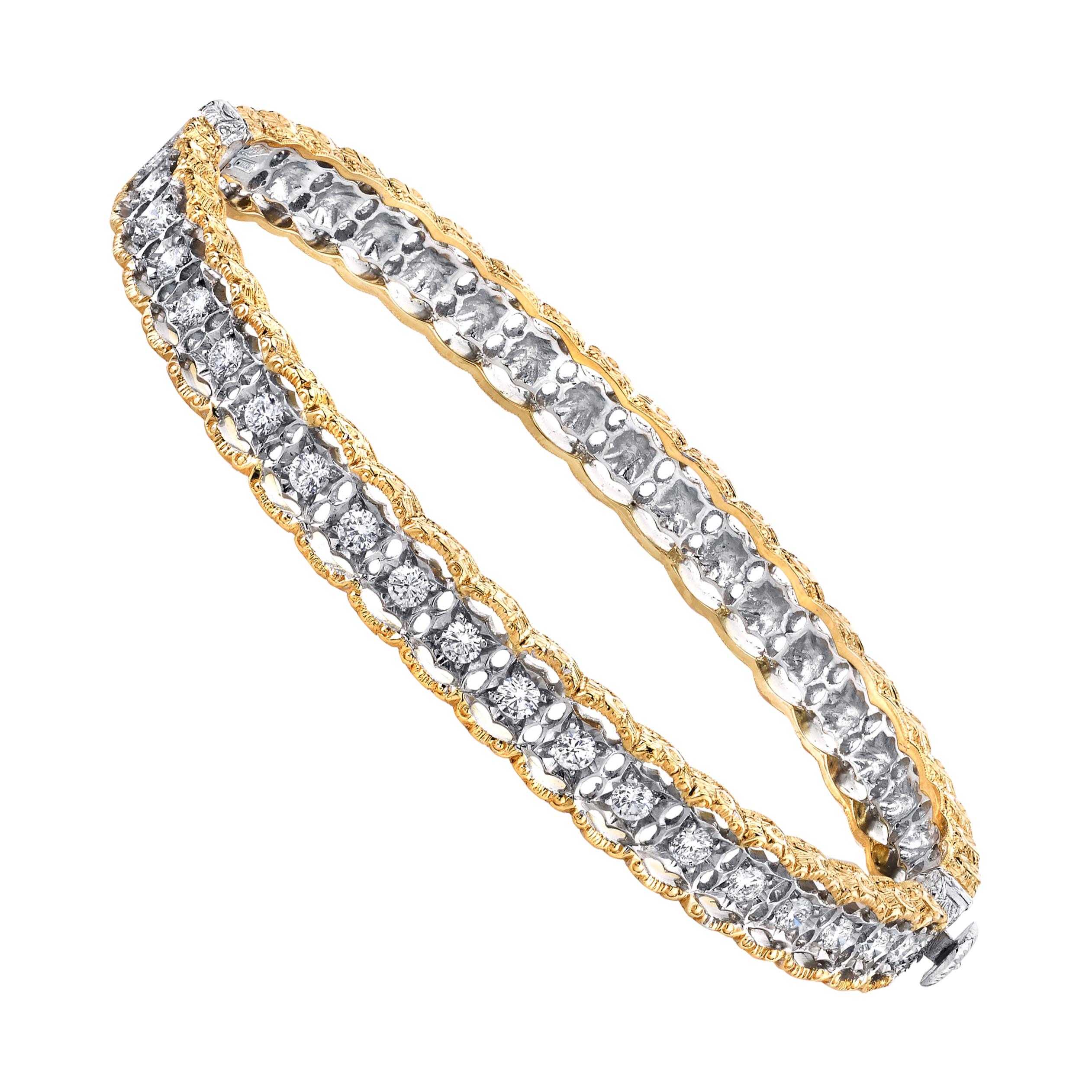 Florentine Style Diamond, Yellow, White Gold Bangle Bracelet, 1.00 Carat Total