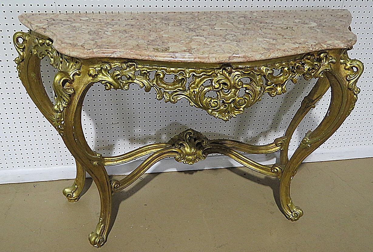20th Century Chinese Chippendale Giltwood Mirror with Companion French Louis XV Gilded Table