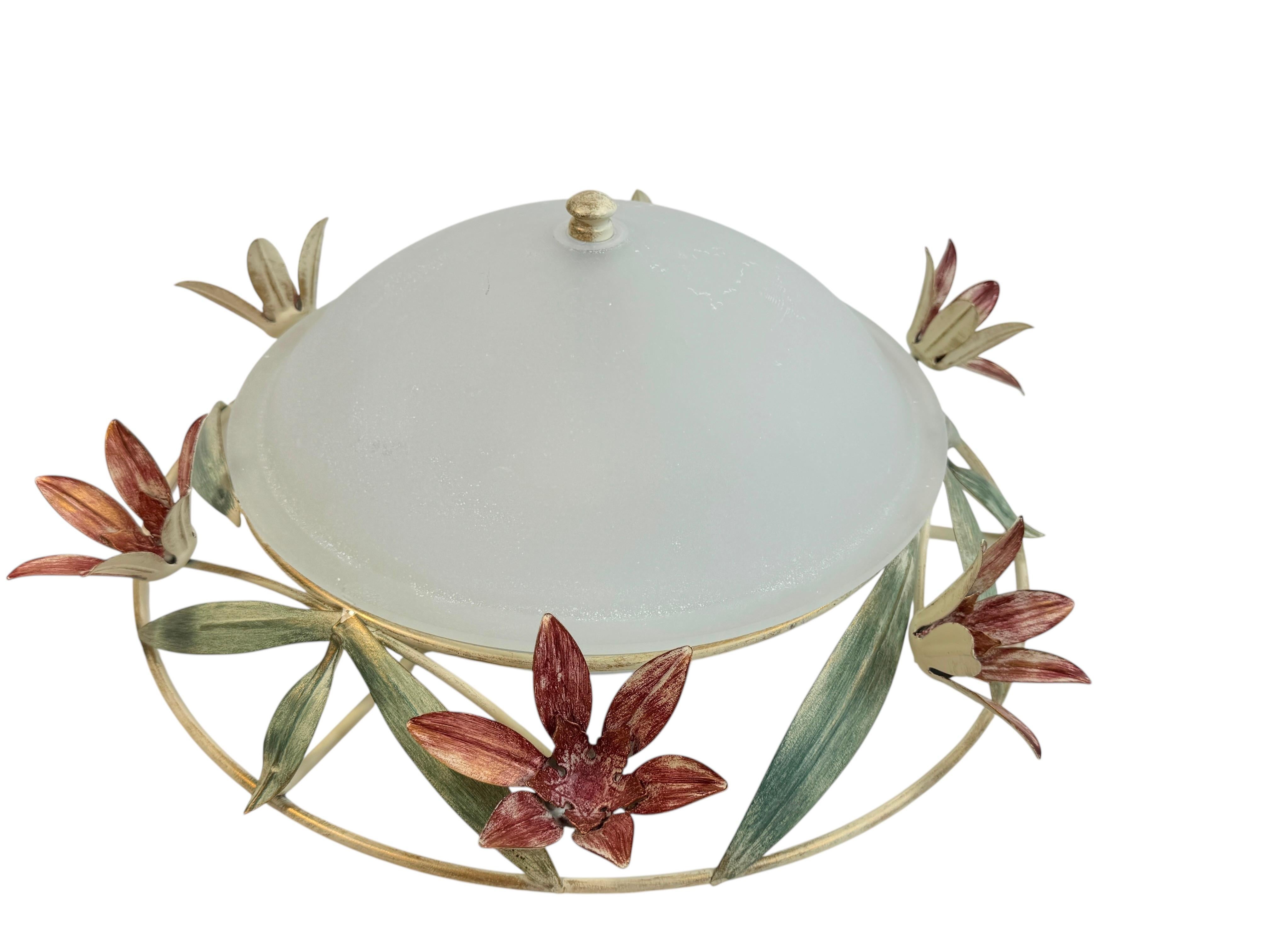 Hollywood Regency Plafonnier affleurant en verre de Murano de style Florentine, Italie, années 1980 en vente