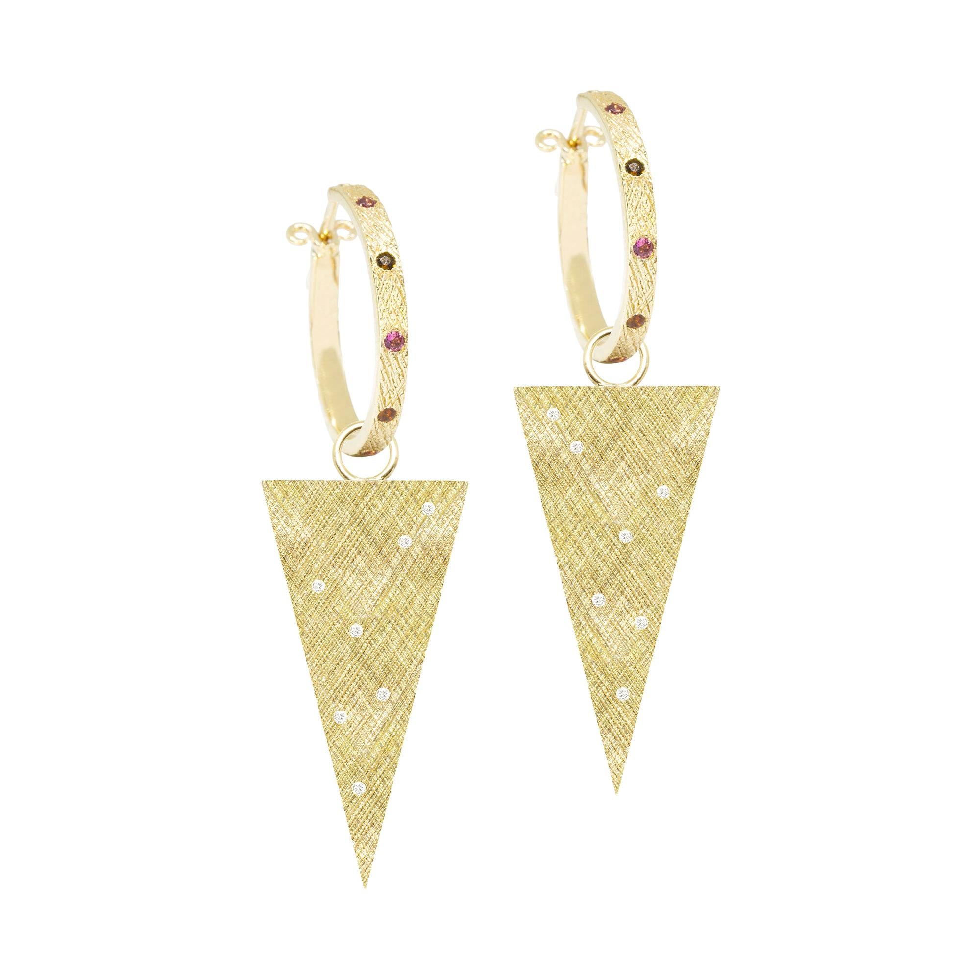 Florentine Triangle 30mm Tourmaline and Diamond 18 Karat Gold Earrings