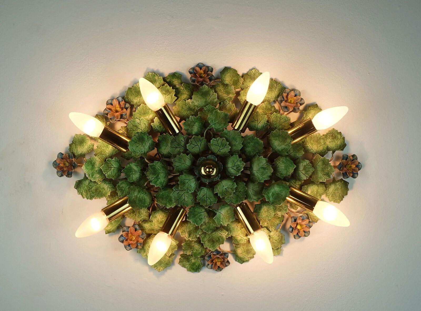 European  florentine WALL LAMP sconce metal ivy leaves and blossoms 1970s For Sale