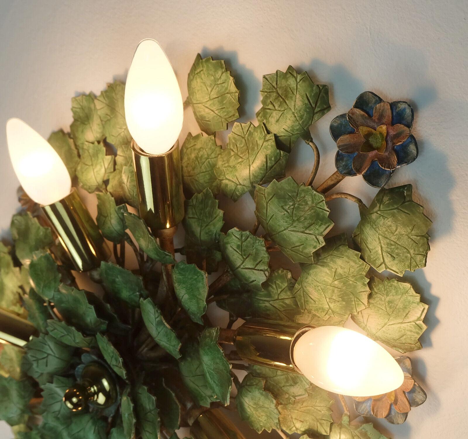 Late 20th Century  florentine WALL LAMP sconce metal ivy leaves and blossoms 1970s For Sale