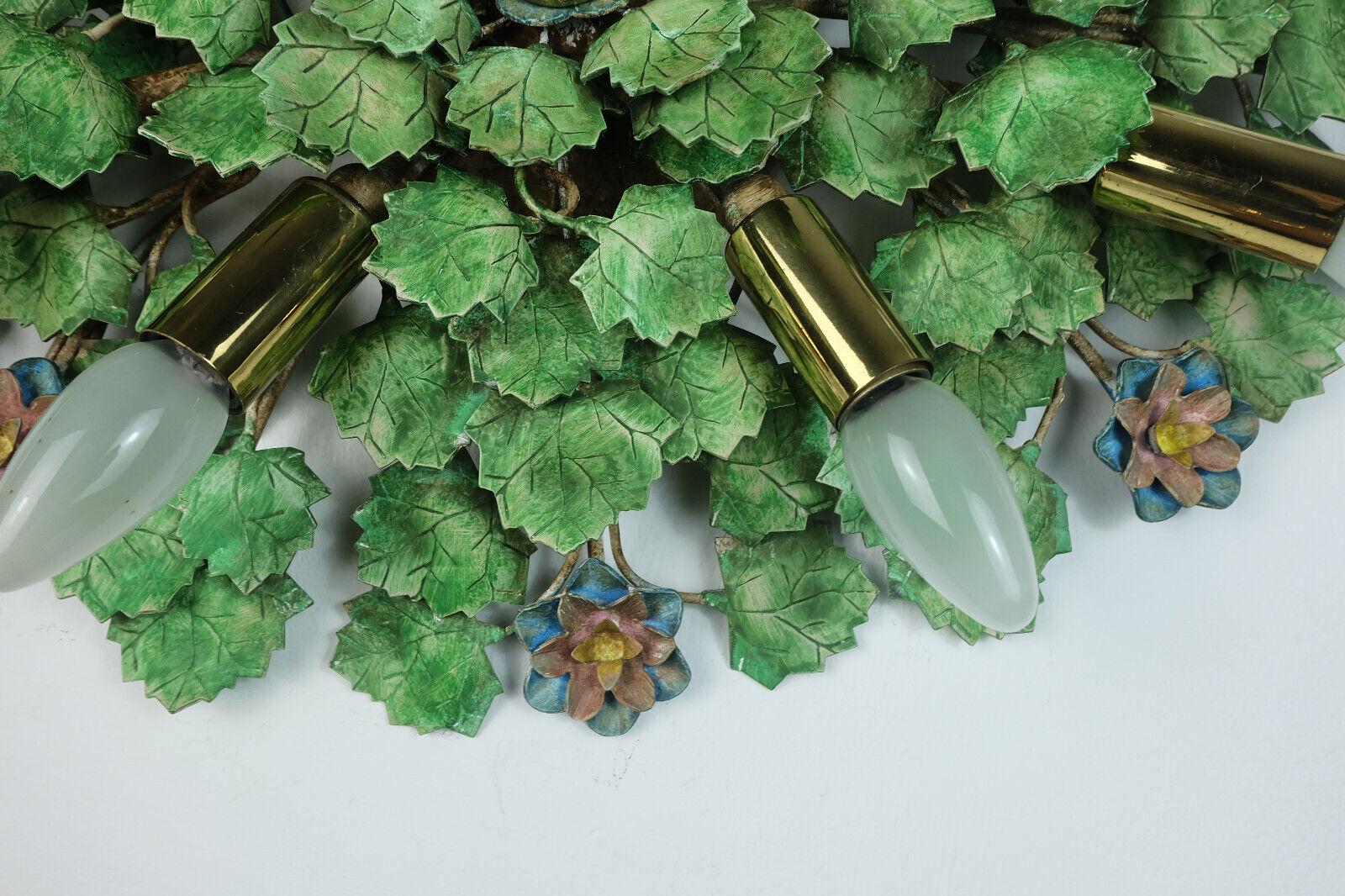 Metal  florentine WALL LAMP sconce metal ivy leaves and blossoms 1970s For Sale