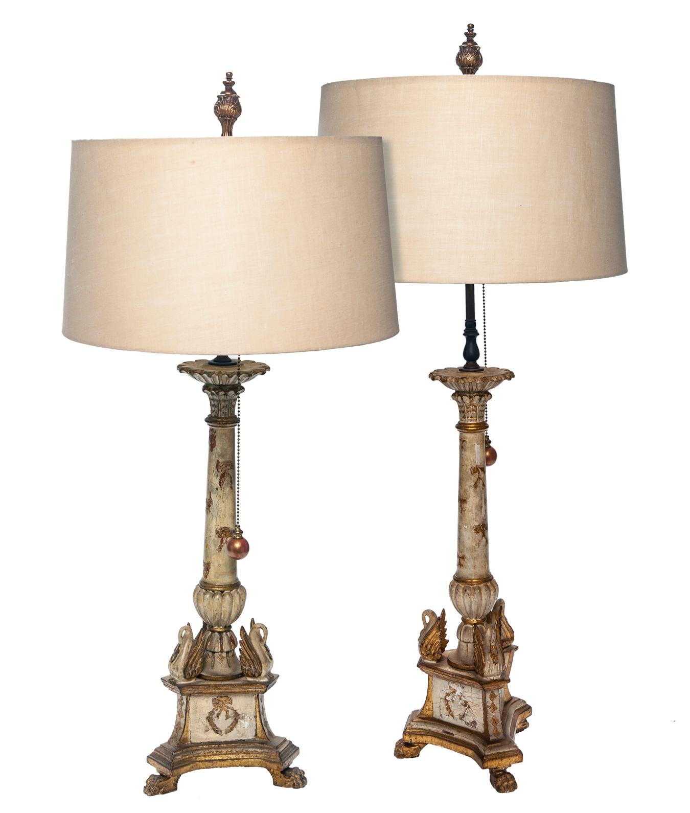 Mid-Century Modern Florentine Wood Candlestick Lamps, a Pair For Sale