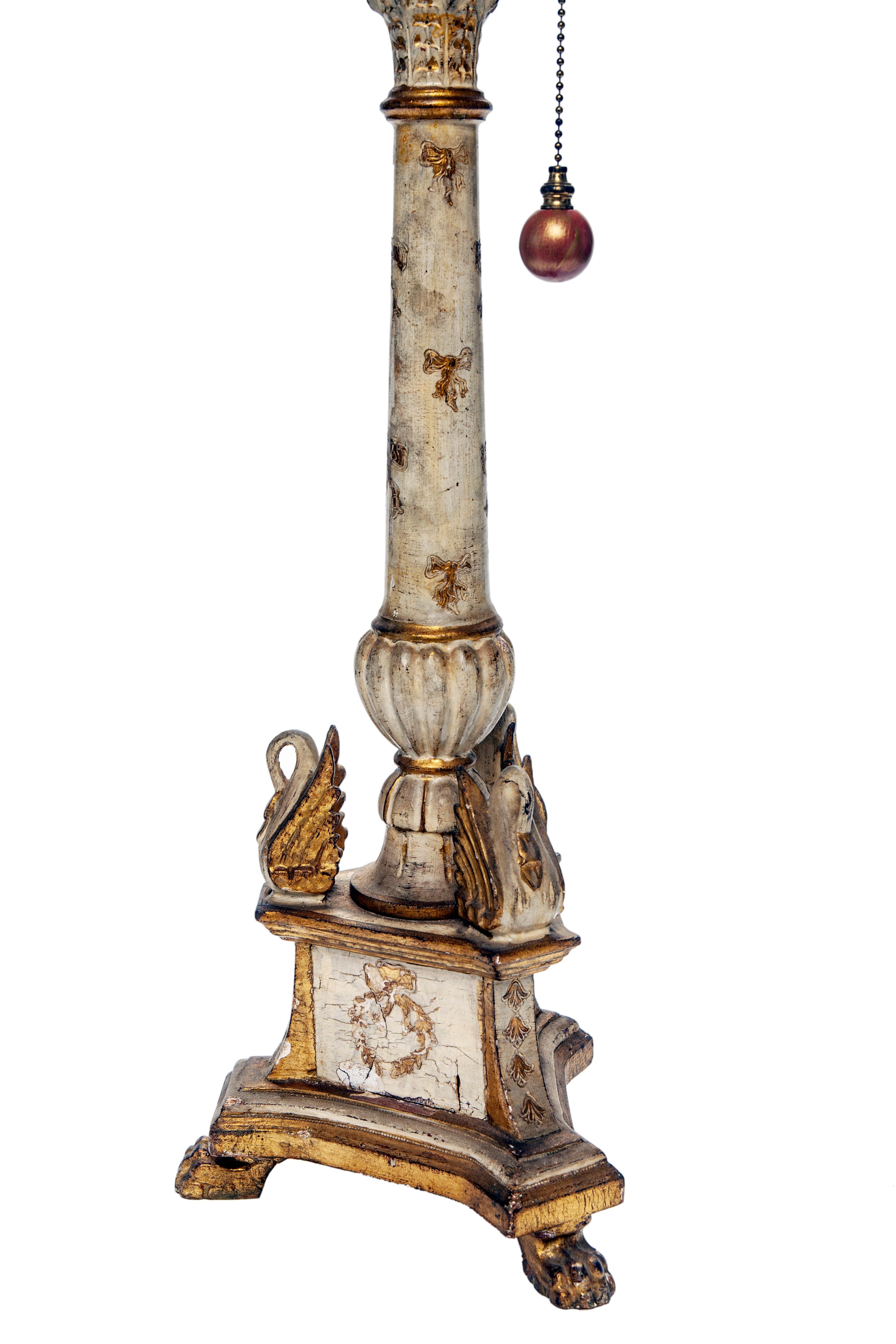 Italian Florentine Wood Candlestick Lamps, a Pair For Sale