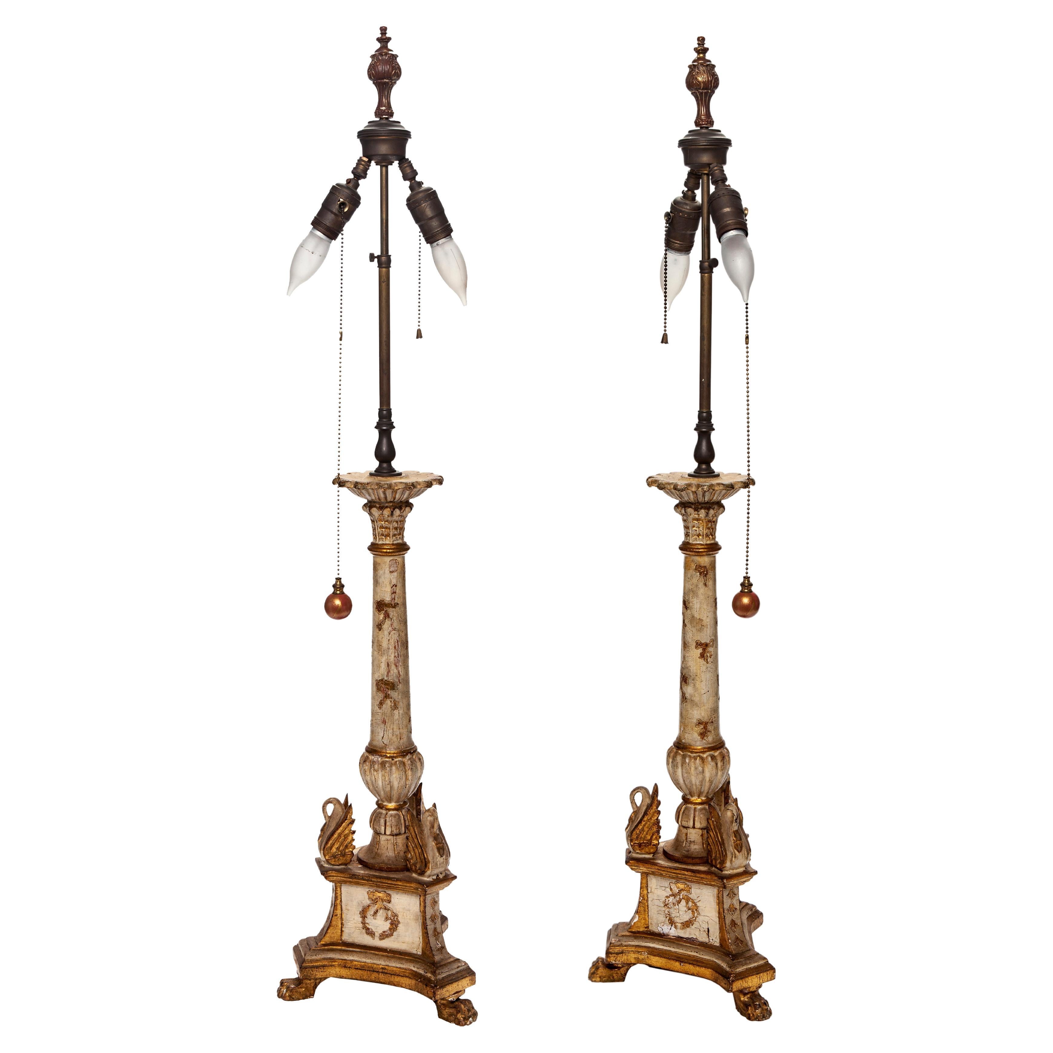 Florentine Wood Candlestick Lamps, a Pair For Sale