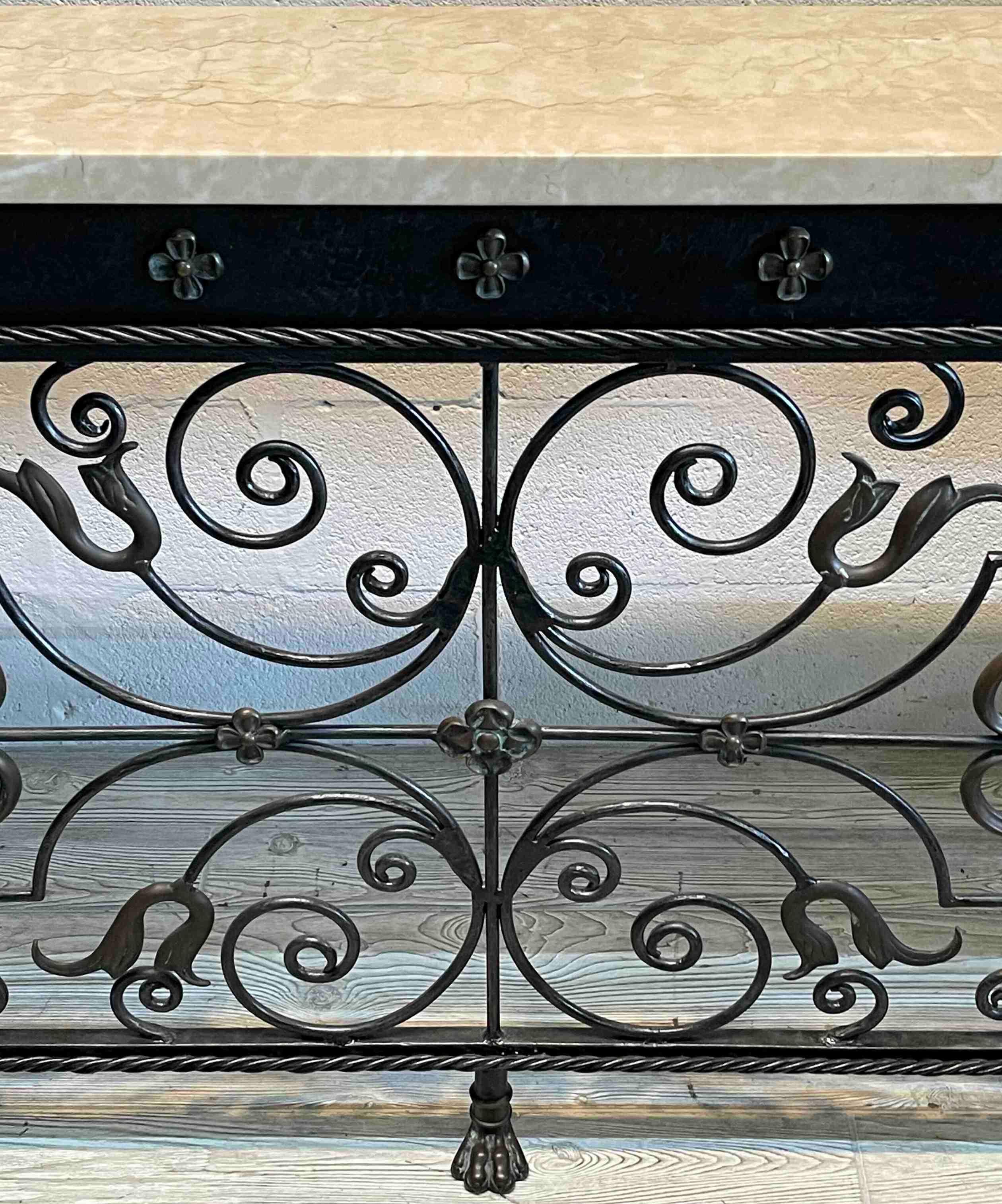 Neoclassical Florentine Wrought Iron & Marble Top Console