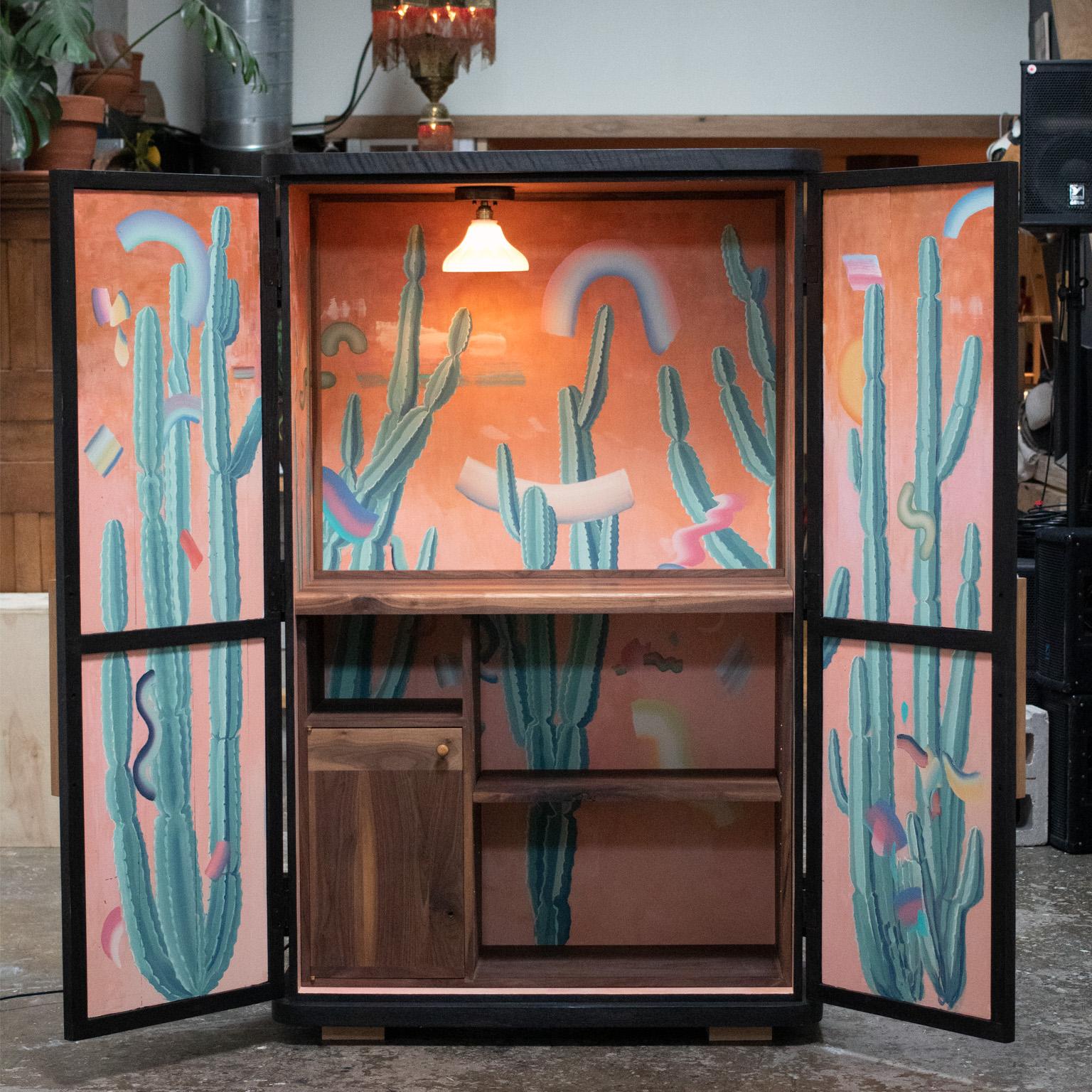 Bohemian Florentino Black Cabinet With Colourfully Painted Interior For Sale