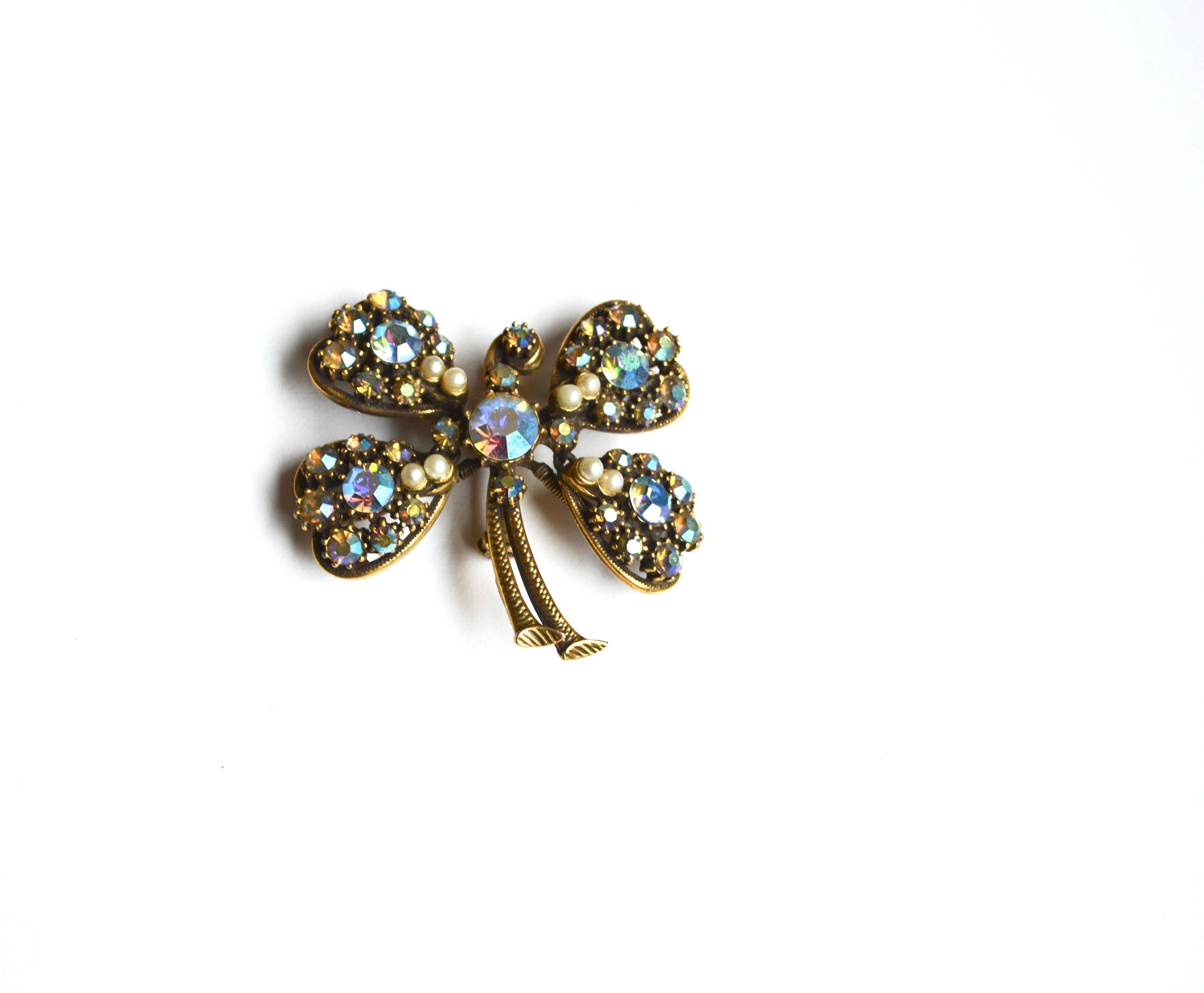 1960s aurora borealis clover trembler brooch by Florenza, signed.  Nice size at 2
