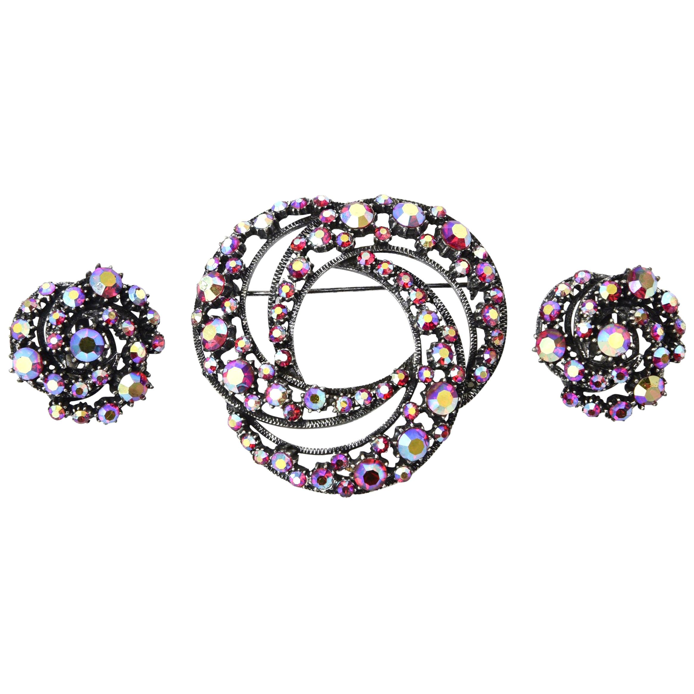  Florenza Boris Aurealis Crystal Circular Pin & Clip On Earrings Vintage