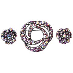  Florenza Boris Aurealis Crystal Circular Pin & Clip On Earrings Vintage
