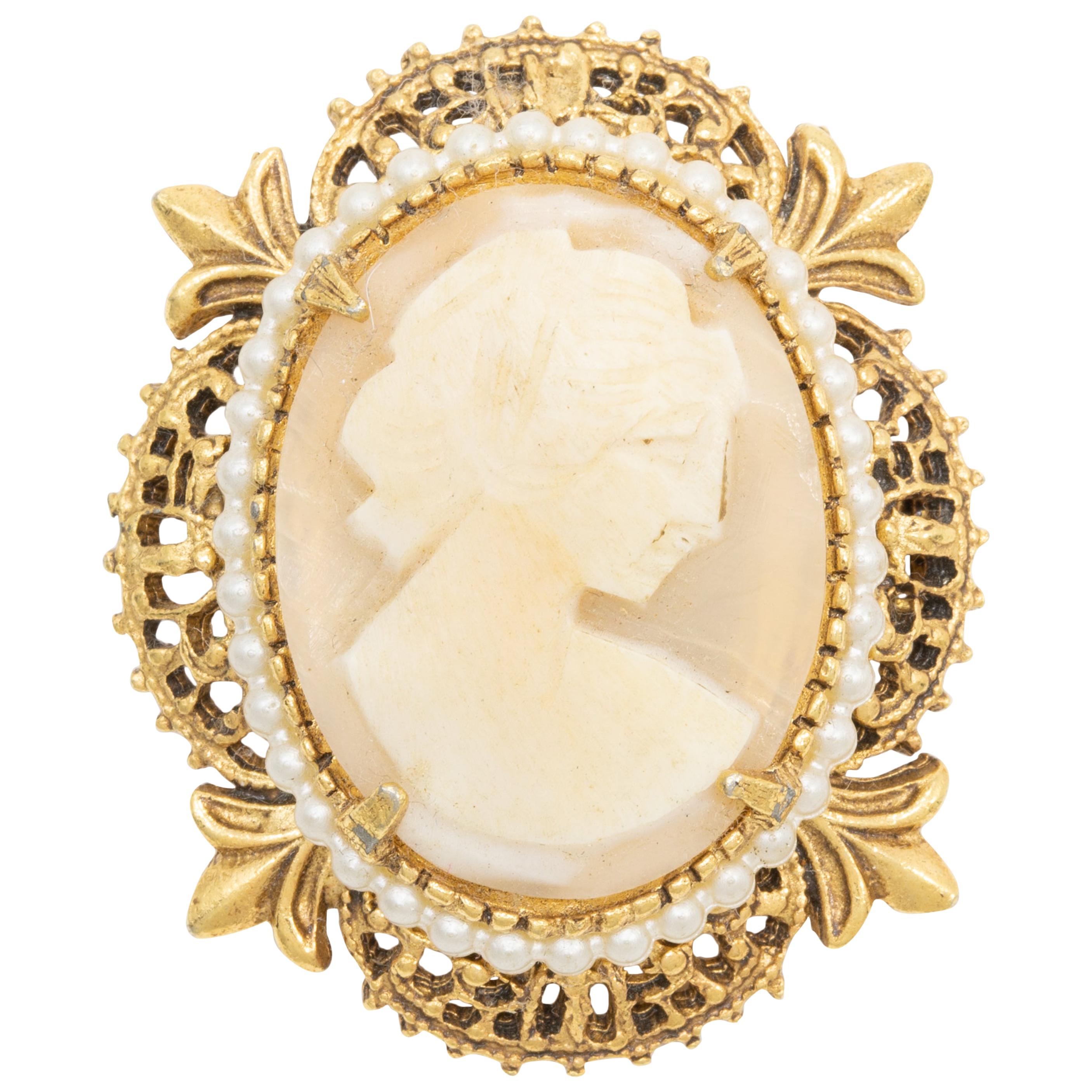 Florenza Gold Victorian Revival Cameo Pin Pendant with Faux Pearls, Mid 1900s
