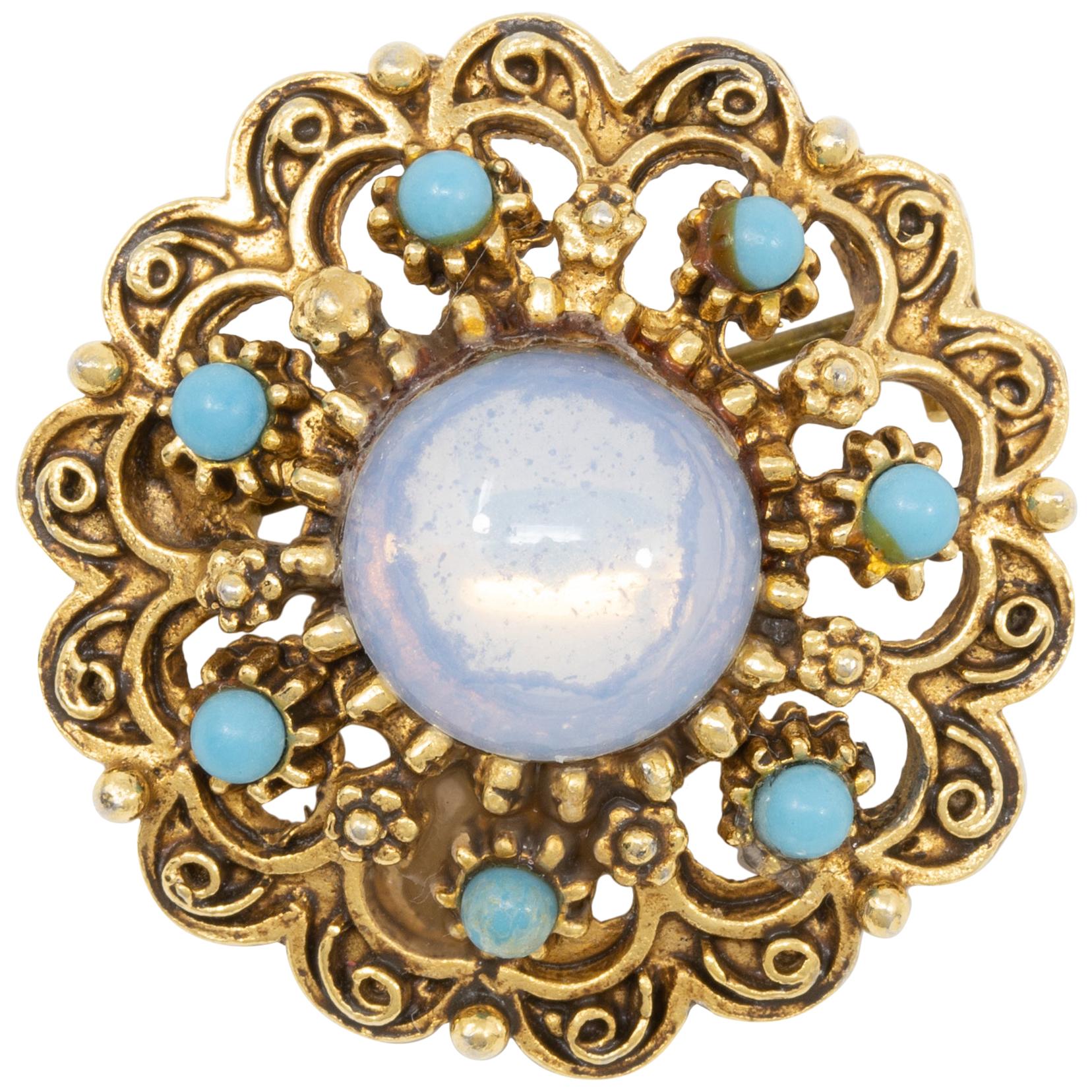 Florenza Gold Victorian Revival Pin Brooch with Moonglow and Turquoise Cabochons
