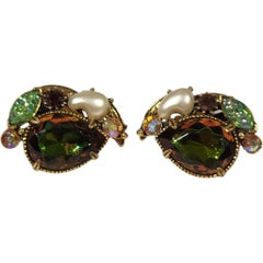 Florenza Green Rhinestone Faux Pearl Gold-Tone Clip-On Earrings, 1960s