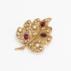 Florenza Ruby Crystal and Faux Pearl Filigree Leaf Pin Brooch in Gold