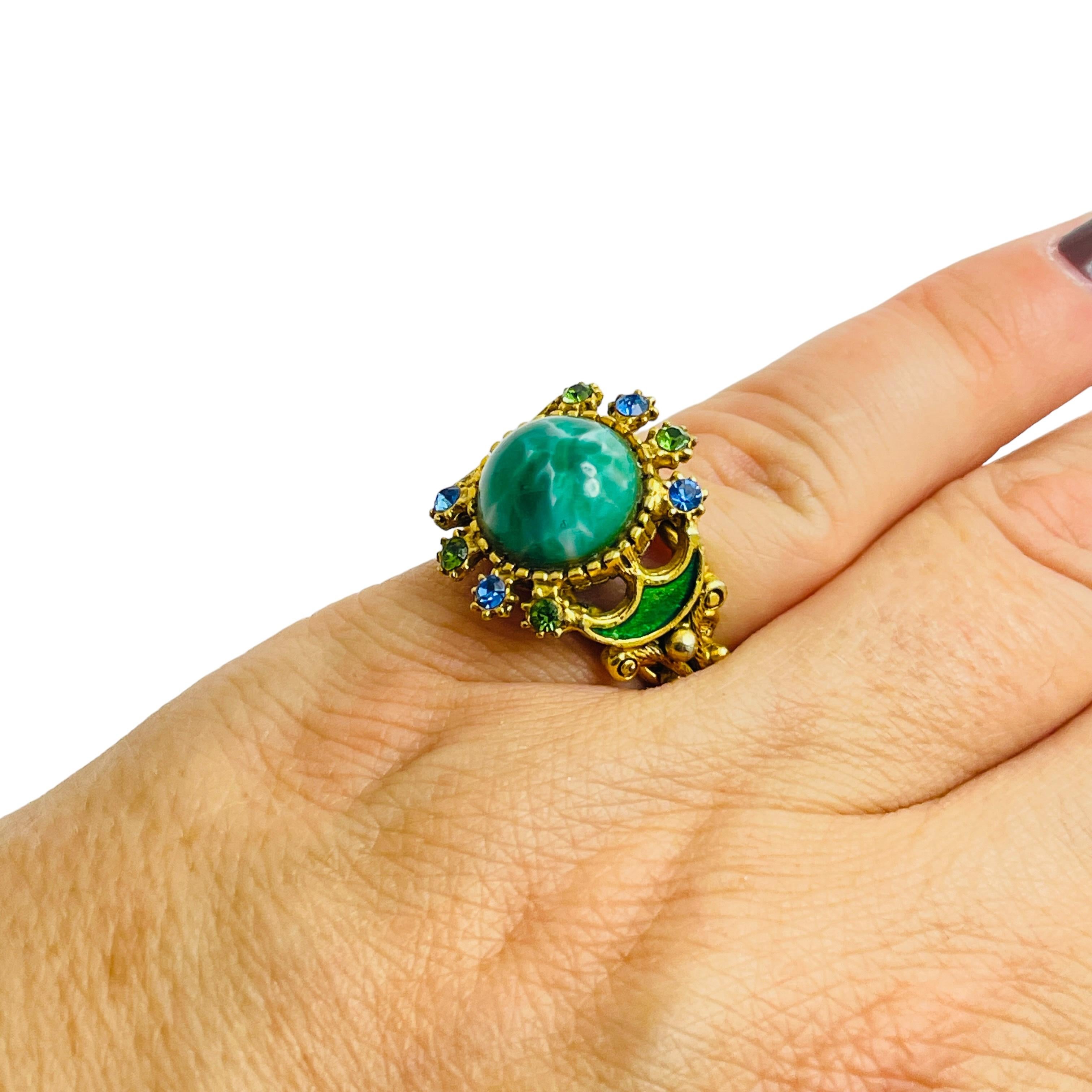 FLORENZA signed gold faux turquoise enamel designer ring For Sale 1