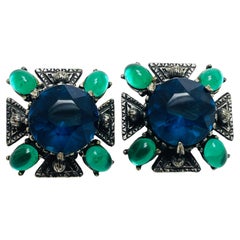 FLORENZA - Boucles d'oreilles à clip signées saphir émeraude verre croix de malte