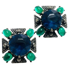 FLORENZA - Boucles d'oreilles à clip signées saphir émeraude verre croix de malte
