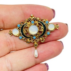 FLORENZA signed vintage gold tone faux opal turquoise pearl enamel dangle brooch