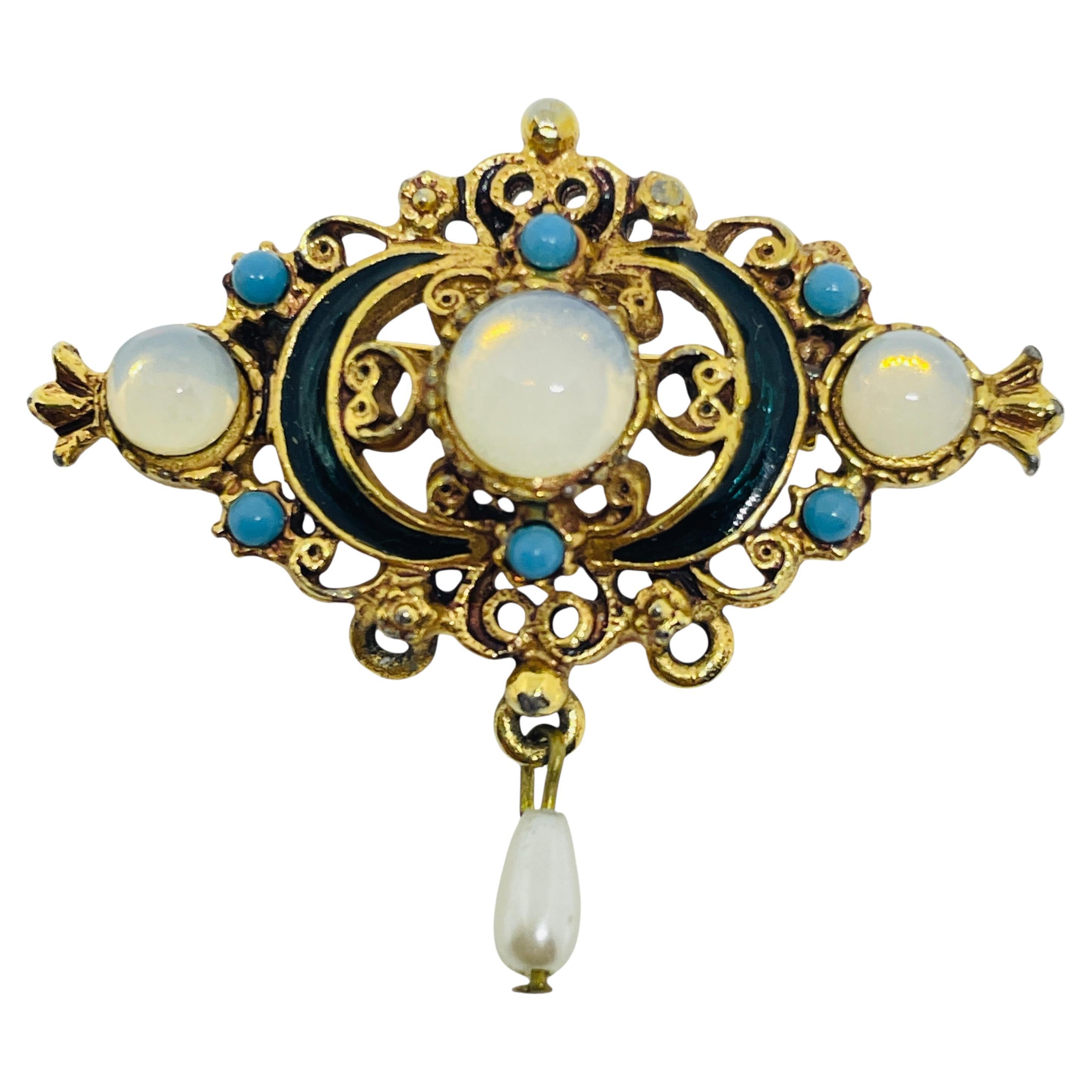 FLORENZA unterzeichnet Vintage Gold Ton faux Opal Türkis Perle Emaille baumeln Brosche