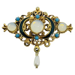 FLORENZA signed vintage gold tone faux opal turquoise pearl enamel dangle brooch