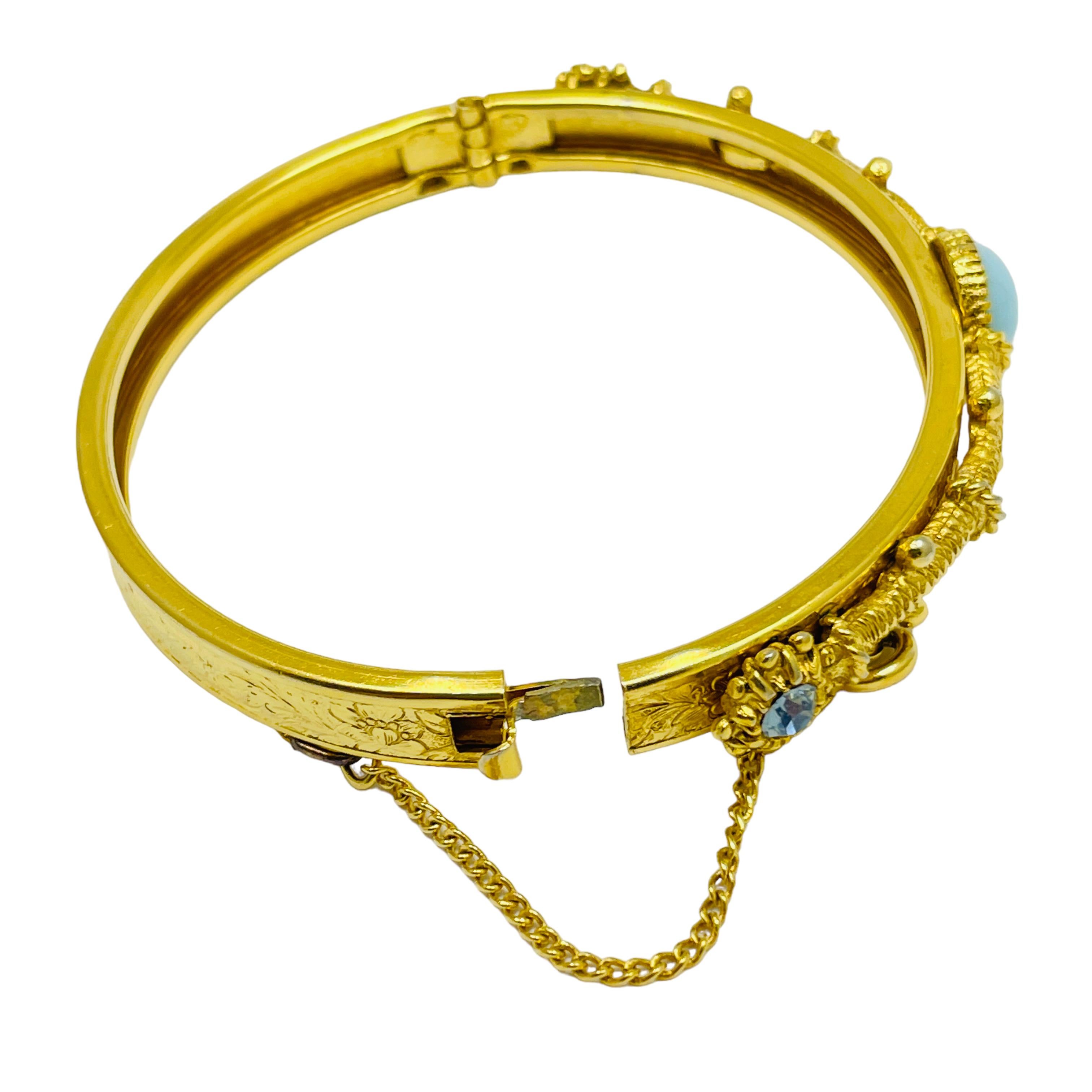 FLORENZA signed vintage gold tone faux turquoise topaz designer bangle bracelet In Good Condition For Sale In Palos Hills, IL