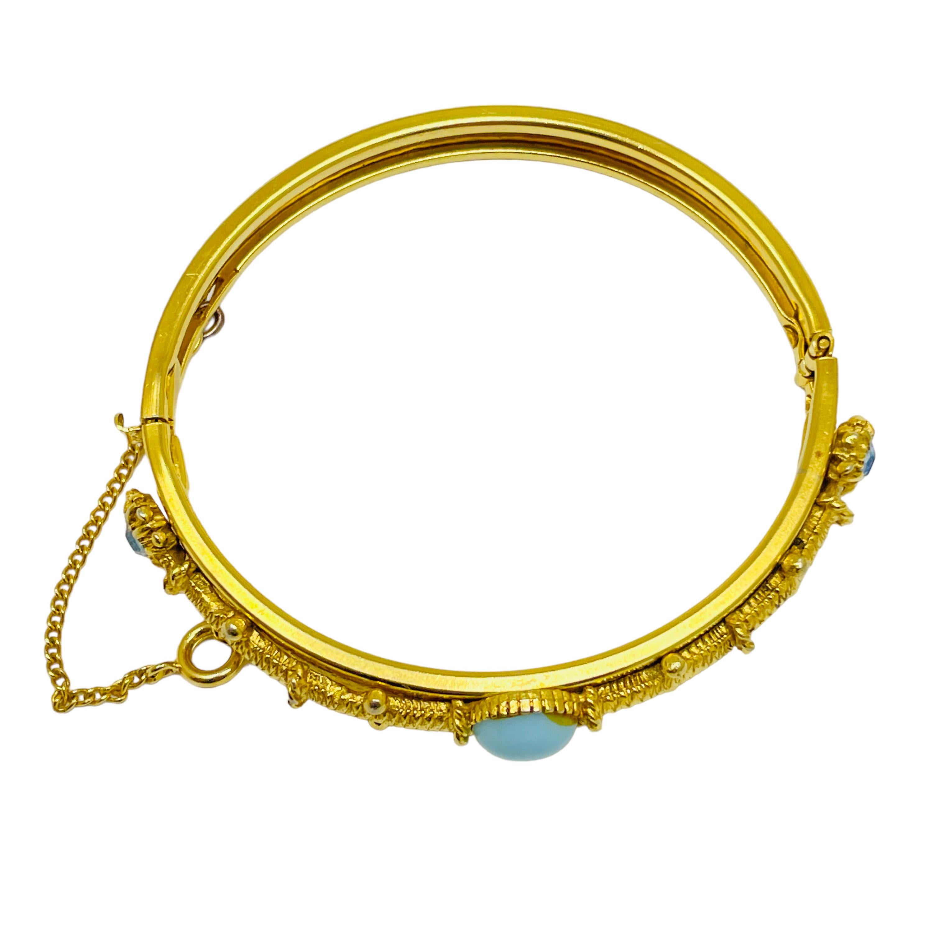 Women's or Men's FLORENZA signed vintage gold tone faux turquoise topaz designer bangle bracelet For Sale
