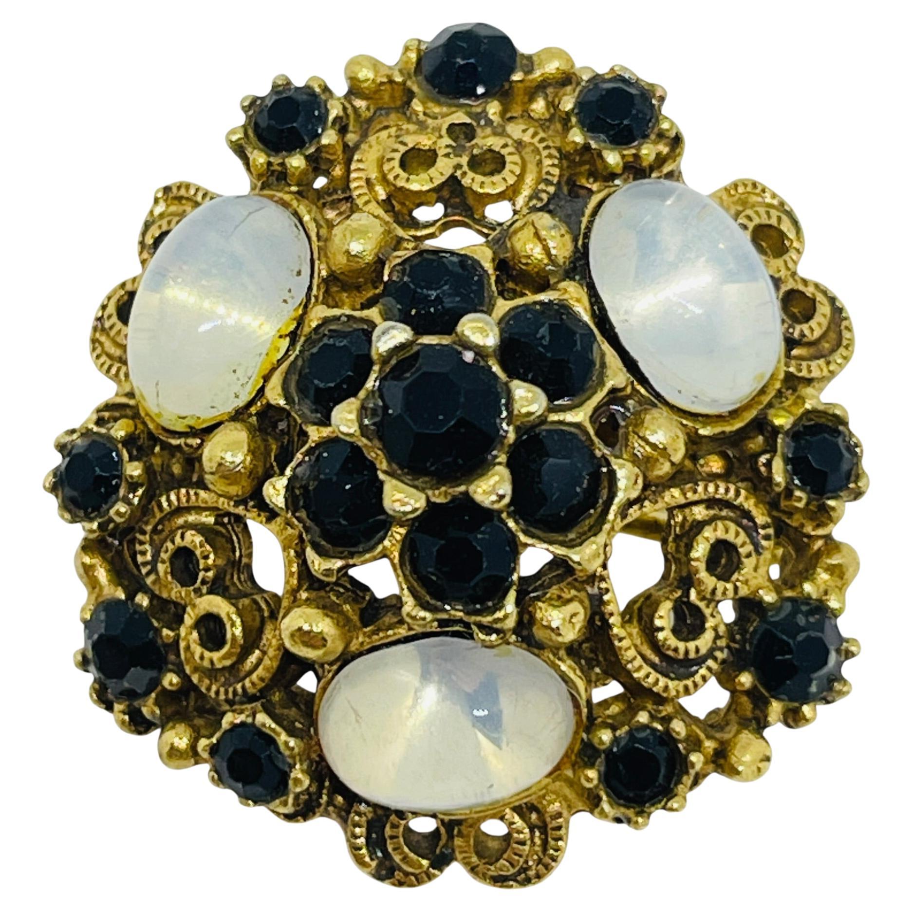 FLORENZA signed vintage gold tone opal onyx glass cabochons designer brooch