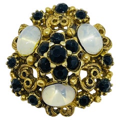 FLORENZA broche de diseño vintage firmado en tono dorado cabujones de cristal ópalo ónice
